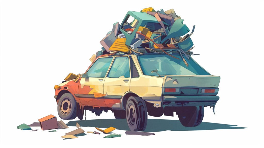 A cartoon car weighed down with junk, representing a bloated website