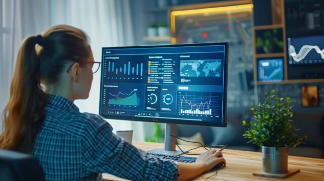 A person sitting at a computer, looking at a social media dashboard with graphs and charts