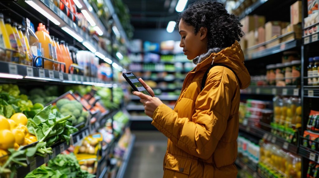 A shopper comparing prices and coupons to find the best deal