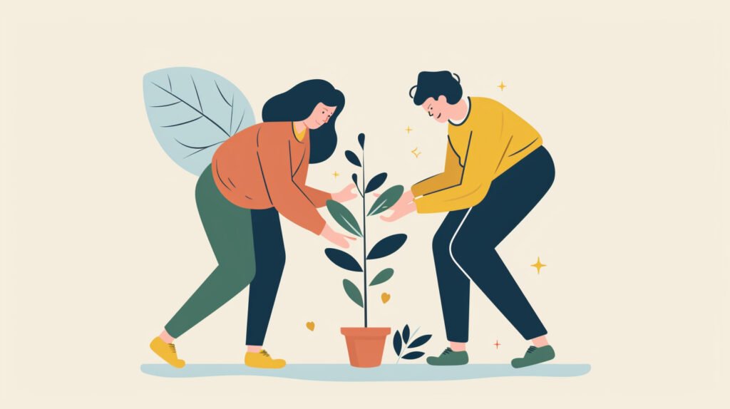 Two people watering and caring for a plant, representing a thriving brand partnership