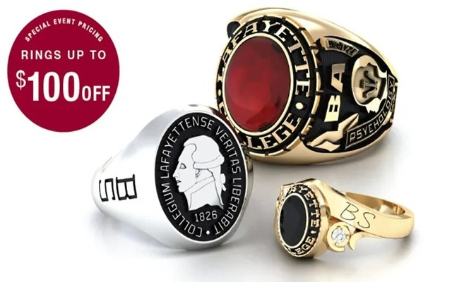 A Jostens class ring with a price tag and a coupon code symbol, symbolizing the potential for savings