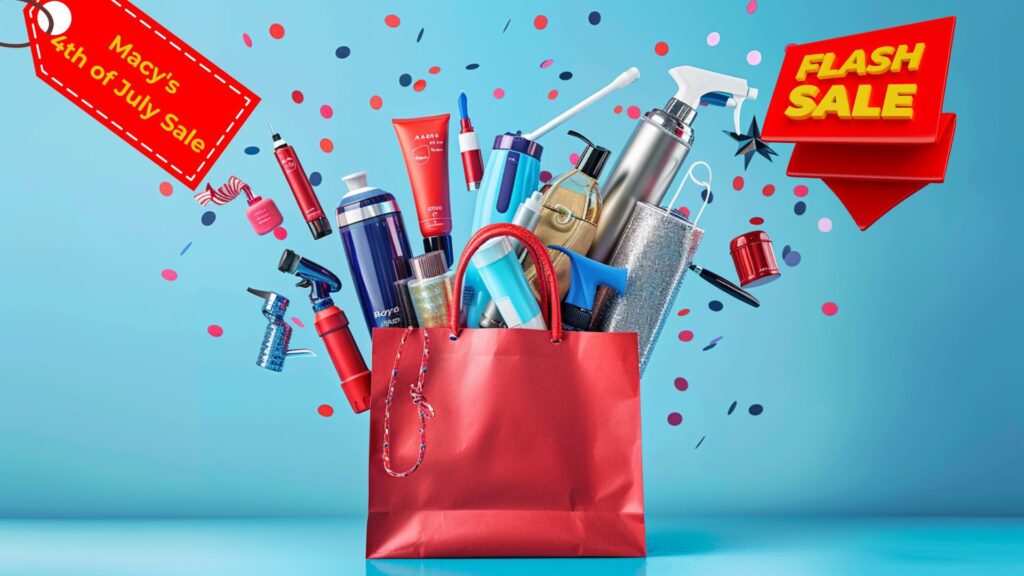 A Macy's shopping bag overflowing with products from Dyson, Clarks, and Coach, representing the 4th of July sale