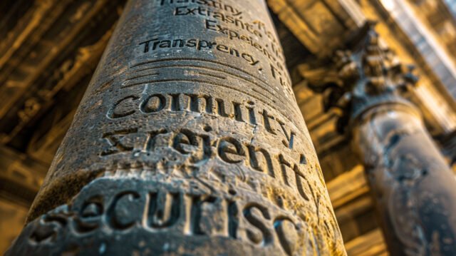 A Roman pillar representing the five key pillars of building online trust: transparency, expertise, user experience, community, and security