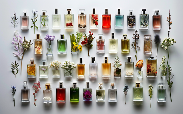 A beautifully arranged collection of perfume bottles representing different fragrance families and notes