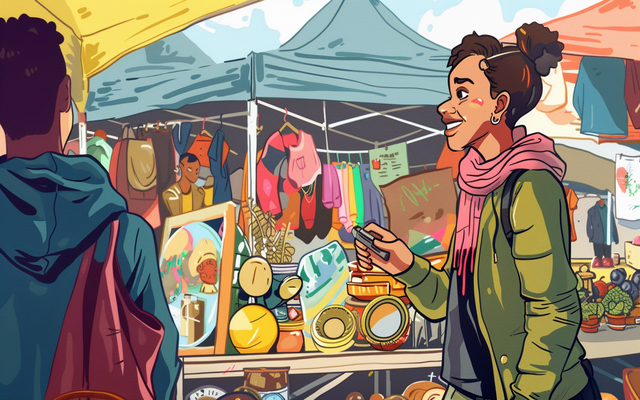 A cartoon person haggling at a flea market