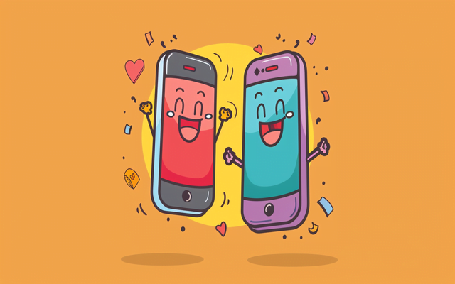 A cartoon phone jumping from one carrier logo to another with a happy expression