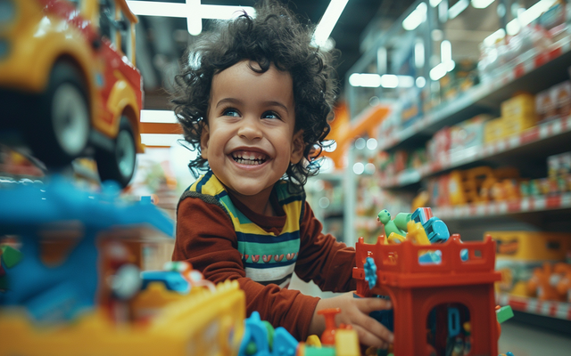 A child playing with JCPenney toys and wearing JCPenney clothing