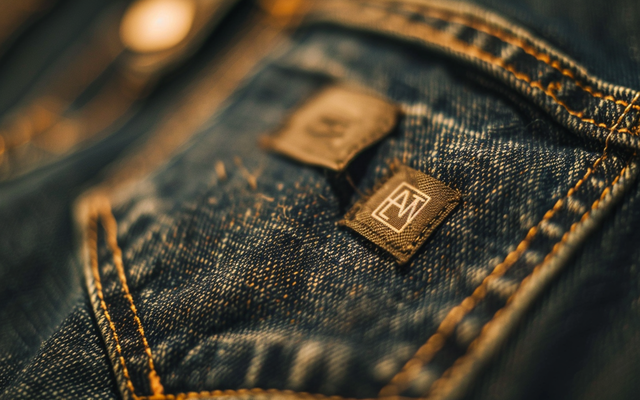 A close-up of an AE jeans tag, highlighting the brand's logo and commitment to sustainability