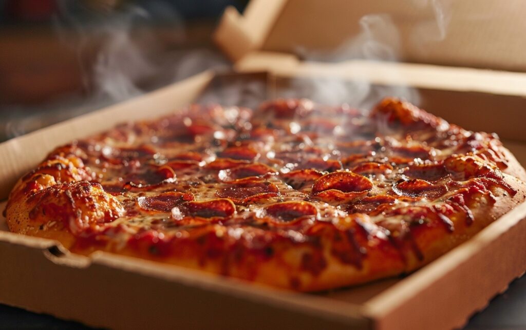 A close-up photo of a Domino's pizza box being opened to reveal a steaming hot pizza