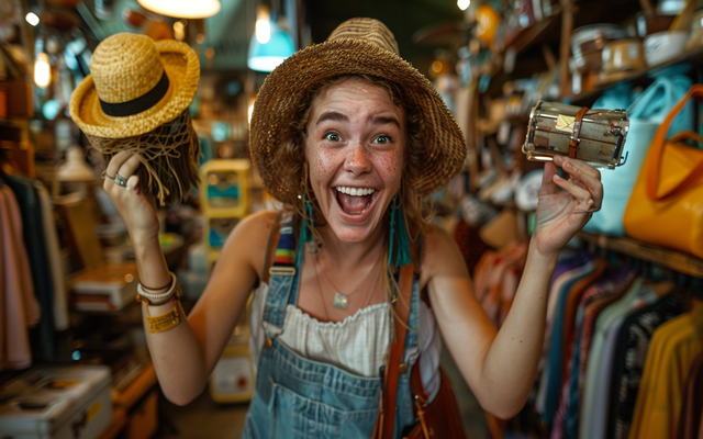 A close-up photo of you excitedly holding up a thrifted treasure in a thrift store