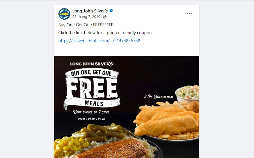 A collage of Long John Silver's social media posts showcasing BOGO free coupon offers