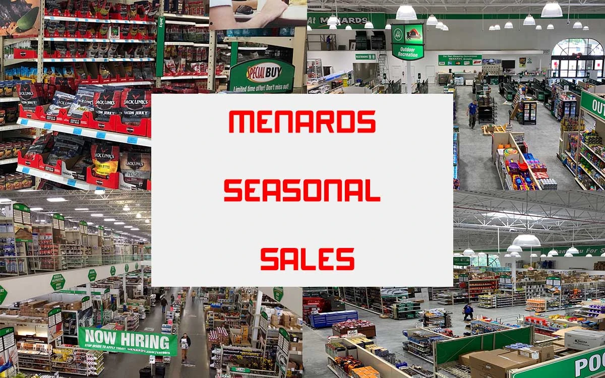 A collage of Menards products on sale, highlighting the potential savings during their seasonal events