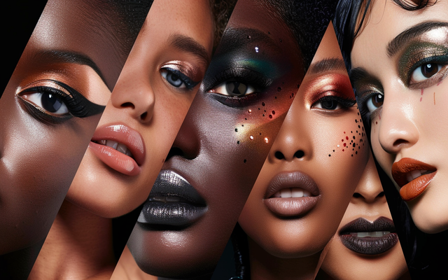 A collage of diverse faces showcasing various makeup styles, highlighting the versatility of Sephora's product offerings.