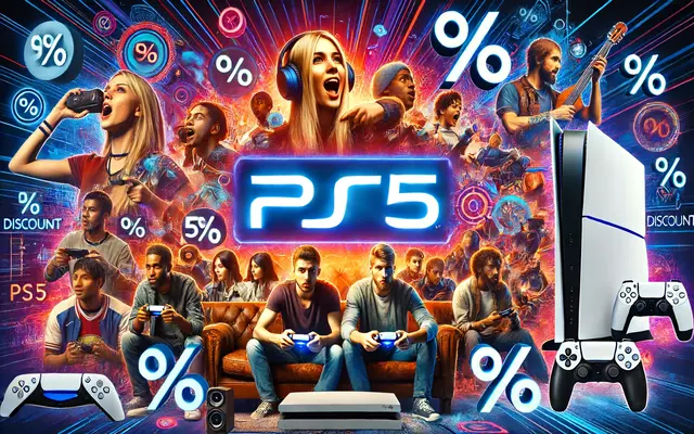 A collage of excited gamers playing PS5, with discount code symbols overlaid