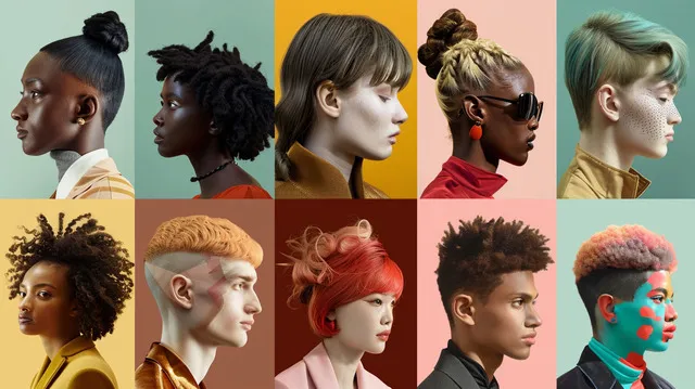 A collage of men, women, and children sporting trendy haircuts for 2024