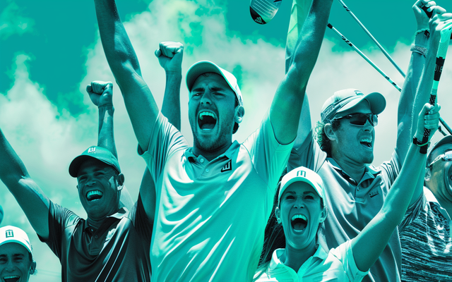 A collage of top golf pros celebrating their wins with raised arms and huge smiles.