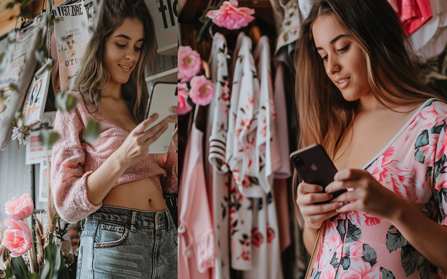 A collage showcasing a woman returning a Victoria's Secret purchase, scrolling through social media, and shopping for lingerie during the off-season.