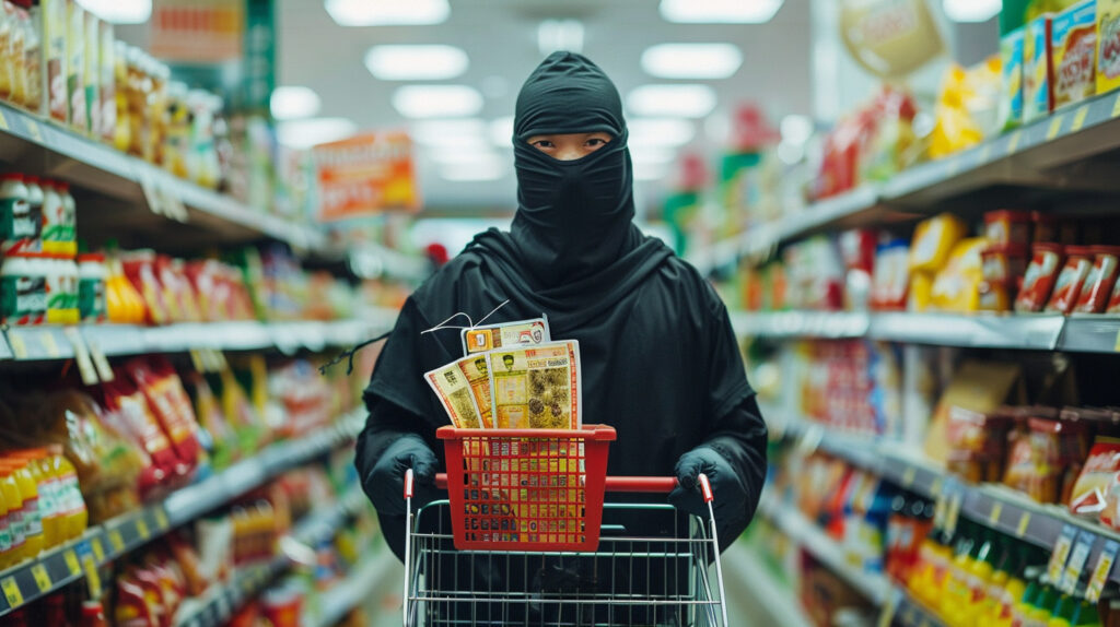 A couponing ninja with coupons and a shopping basket in a grocery store