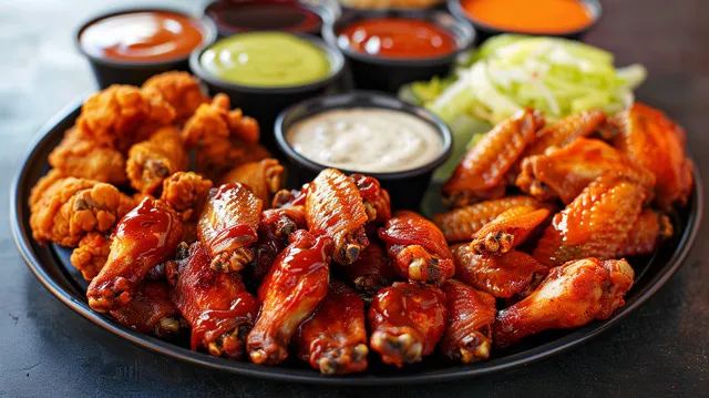 A delicious platter of Buffalo Wild Wings with an assortment of sauces