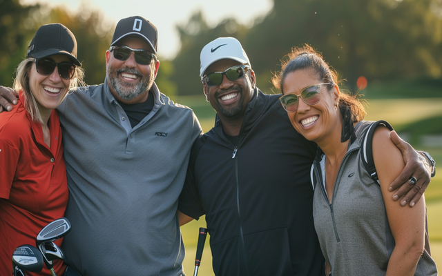 A diverse group of golfers smiling and posing for a photo on a golf course