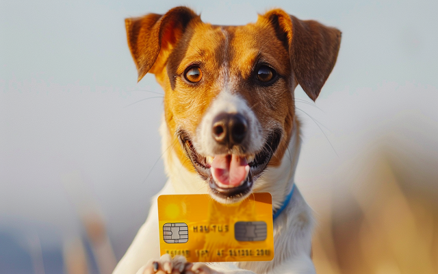 A dog playfully holding a Pet Supplies Plus credit card