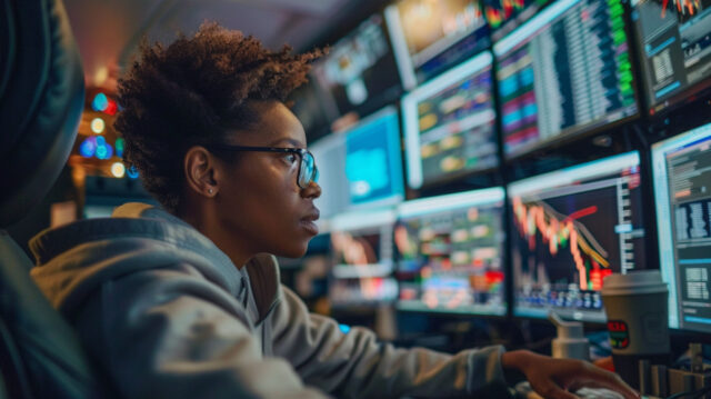 A focused shopper analyzing Prime Day deals on multiple screens