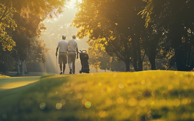 A golfer and their caddie walking down the fairway, discussing the upcoming shot and the best strategy to approach the green.