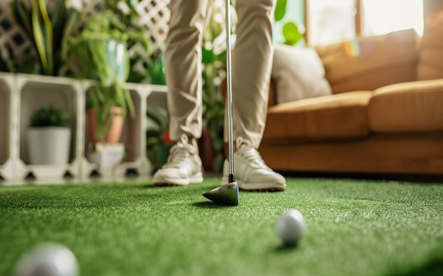 A golfer practicing their putting in their living room, using a makeshift putting green.