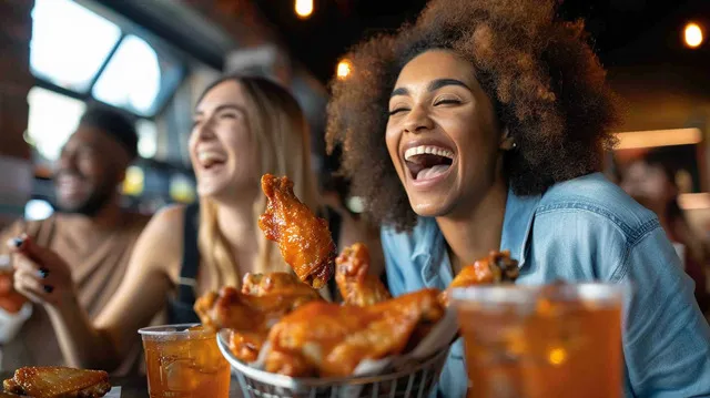 A group of friends enjoying wings and celebrating at Buffalo Wild Wings