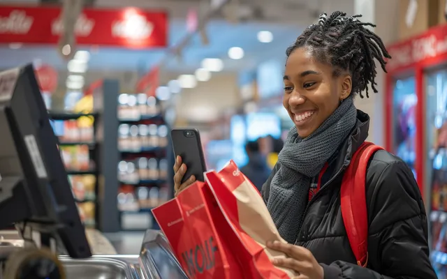 A happy Kohl's shopper using their phone to save at checkout