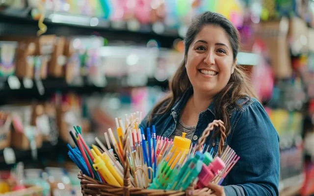 A happy crafter in Michaels with a basket full of colorful supplies