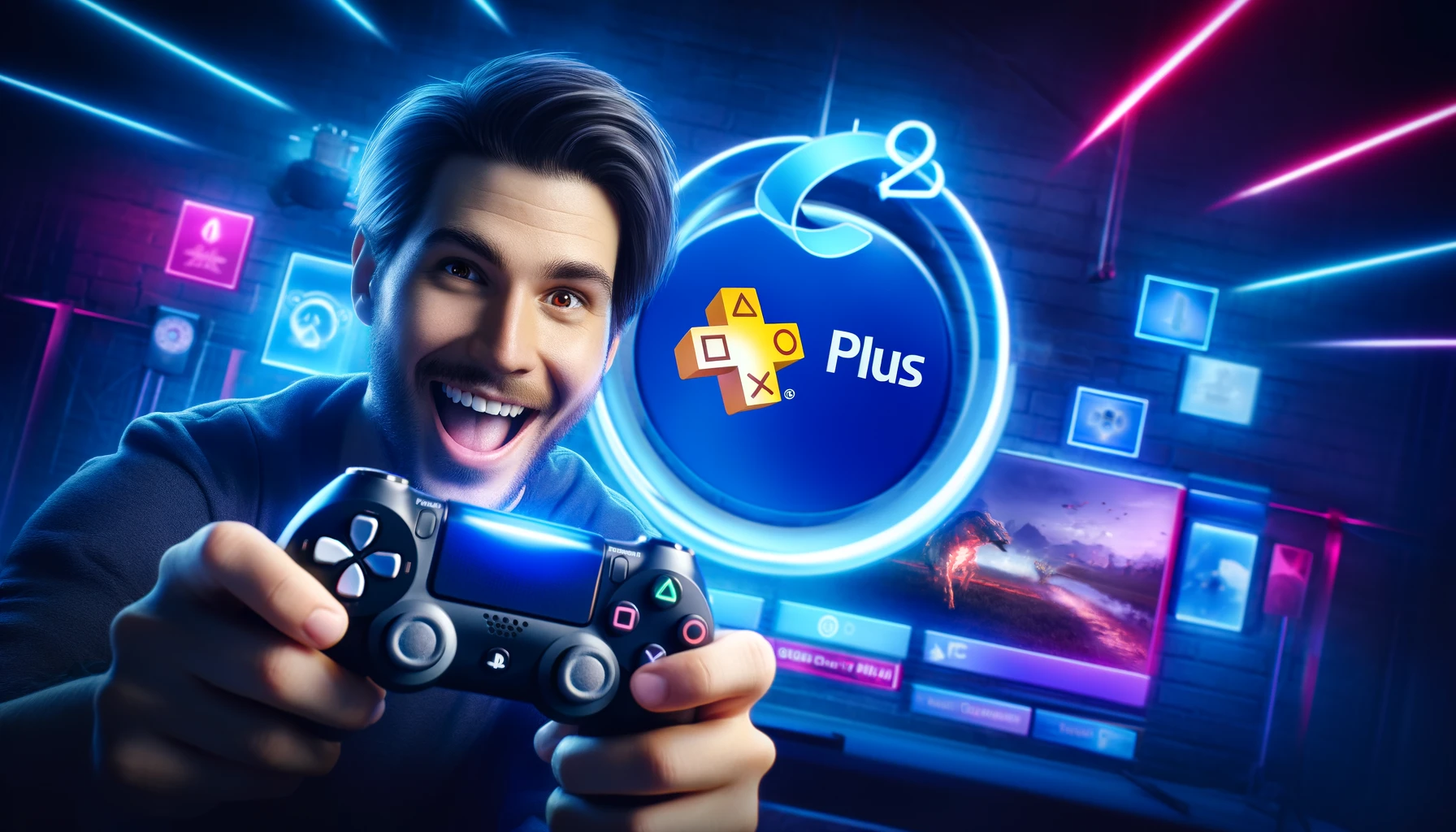 A happy gamer holding a PlayStation controller with the PlayStation Plus logo in the background