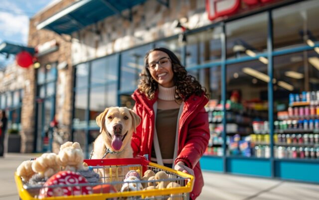 Happy pet owner and pet with PetSmart shopping cart full of savings