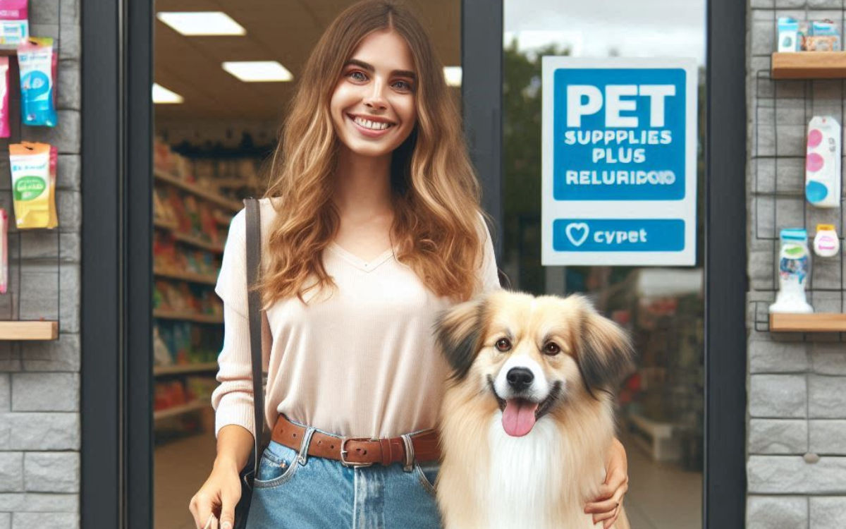 A happy pet parent and their pet standing in front of a Pet Supplies Plus store, both holding shopping bags.