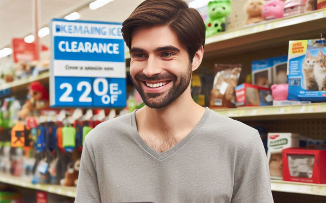 A happy pet parent browsing through a clearance section filled with discounted pet supplies.