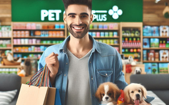 A happy pet parent holding shopping bags overflowing with pet supplies