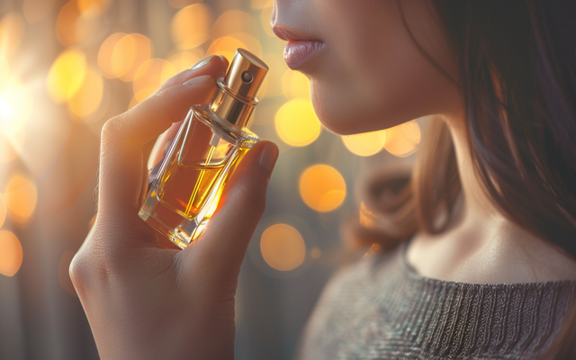 A person applying perfume and enjoying the scent