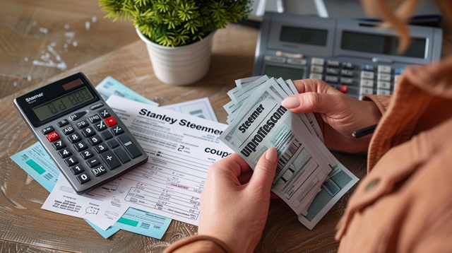 A person calculating their savings with Stanley Steemer coupons