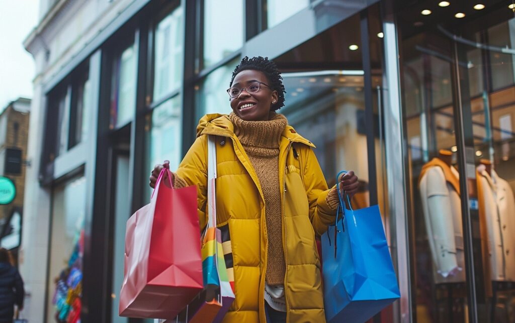 A person confidently walking out of an Academy store with several shopping bags, smiling