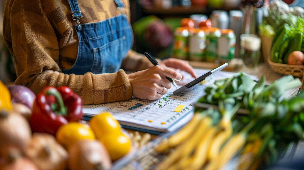 A person creating a grocery list and comparing prices online to save money