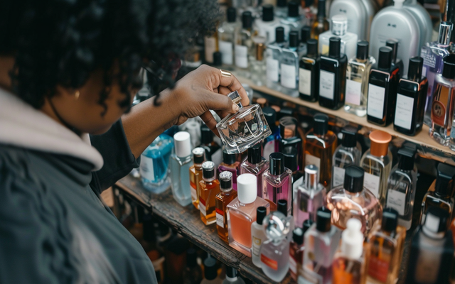 A person exploring various perfume bottles, sniffing and trying to find their preferred scent