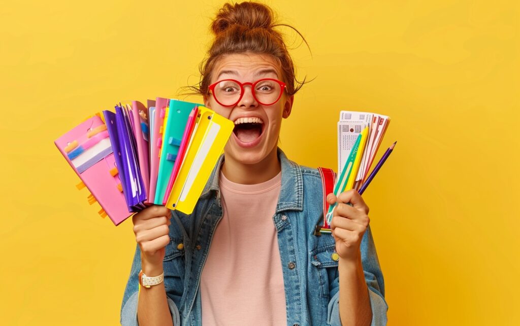 Excited shopper with office supplies and coupons