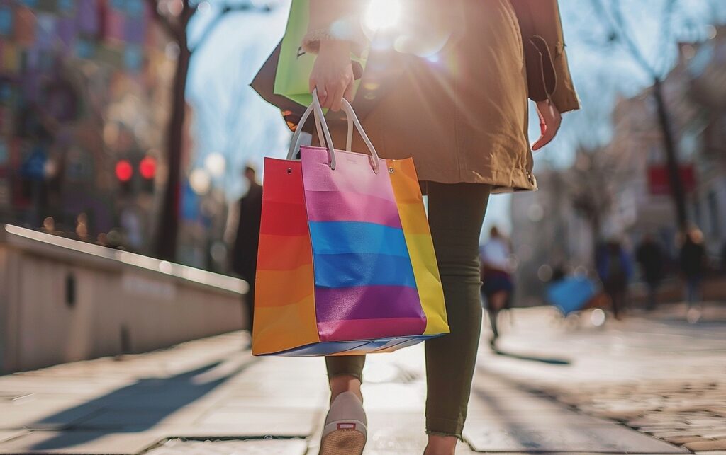 Joyful shopper carrying an Etsy bag, symbolizing the fun and rewards of savvy shopping