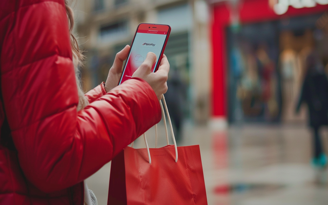 A person holding a JCPenney shopping bag and a smartphone with the JCPenney app open