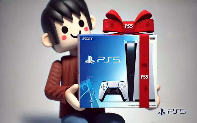 A person holding a PS5 box with a big red bow, symbolizing a gift or savings