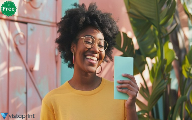 A person holding a VistaPrint product and smiling