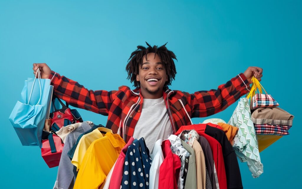 A person holding up a Bealls shopping bag, overflowing with clothes and other items, with a big smile on their face