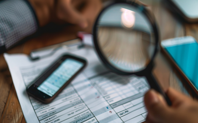 A person looking through a magnifying glass at a phone bill