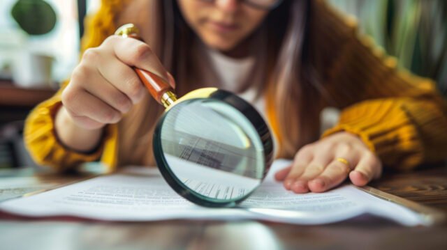 A person proofreading a document with a magnifying glass, symbolizing the meticulous nature of the process.