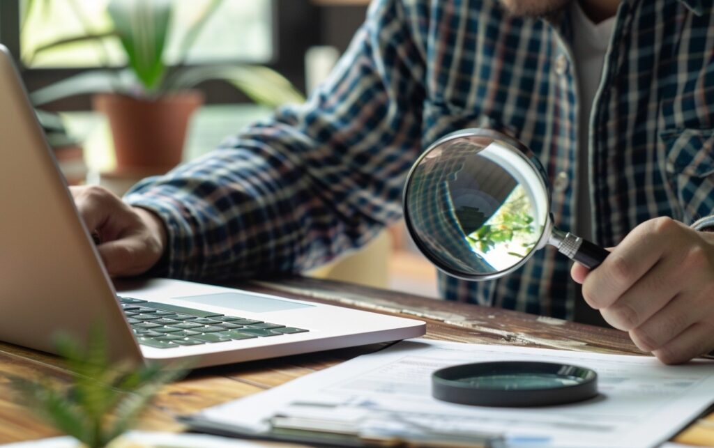 A person sitting at a desk, focused on a laptop screen, with a magnifying glass next to them